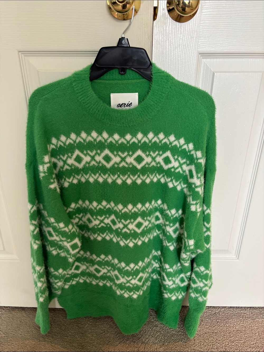 aerie Green Fair Isle Crewneck Sweater with White Pattern